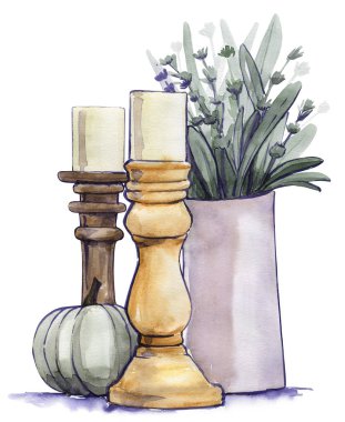 Mum kabak çim sulu boya beyaz arka plan