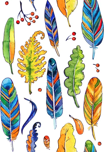 Feathers Leaves Isolated Pattern Watercolor Big — Stock Photo, Image
