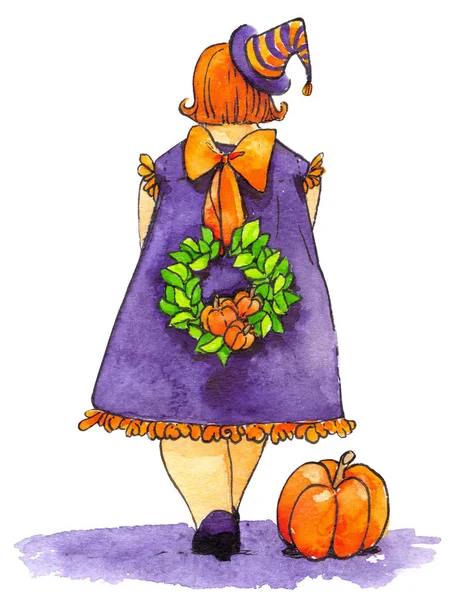 Halloween Pompoen Meisje Hoed Krans Aquarel — Stockfoto