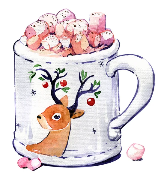Cup cacao marshmallow deer Christmas New Year\'s watercolor