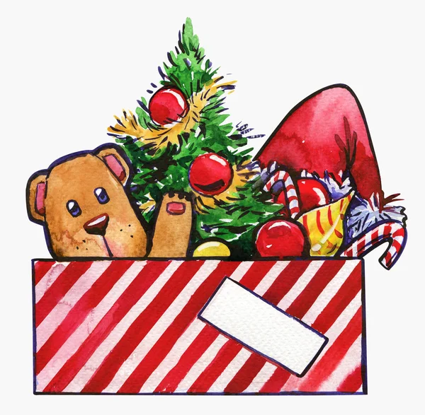 Christmas Box Speelgoed Teddy Aquarel — Stockfoto