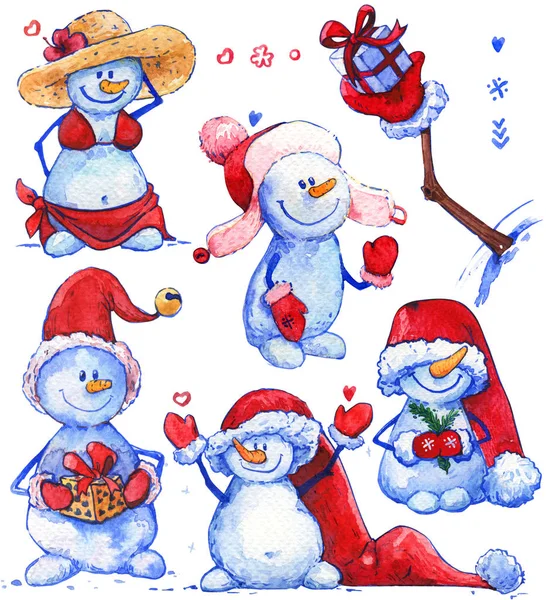 Schneemann Weihnachten Neujahr Aquarell Set — Stockfoto