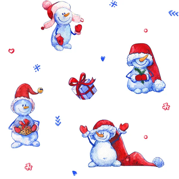 Snowman Christmas New Year Watercolor Pattern Big White — Stock Photo, Image