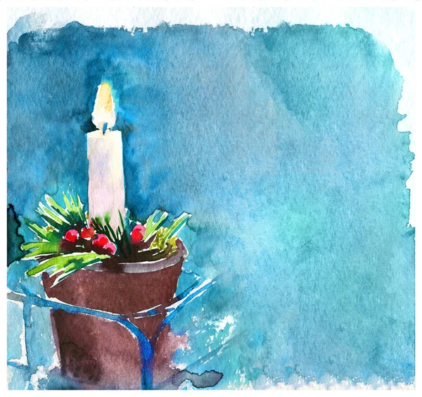 Tarjeta Felicitación Vela Navidad Año Nuevo Acuarela Azul — Foto de Stock