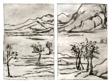 Traditional painting landscape engraving linocut diptych clipart