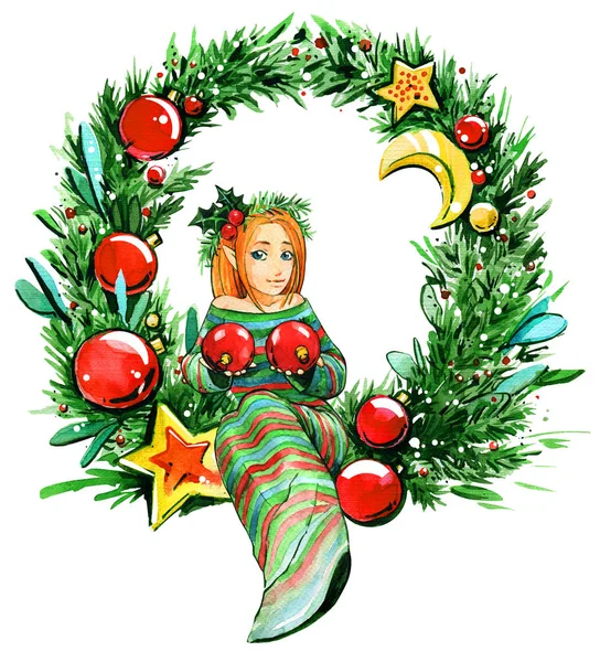 圣诞精灵女孩在云杉花环水彩小 — 图库照片
