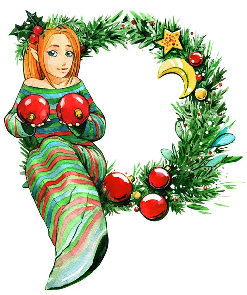 クリスマス正月女の子花輪スプルース水彩画 — ストック写真