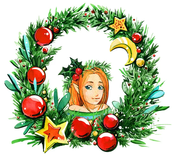 Christmas elf girl in spruce wreath watercolor