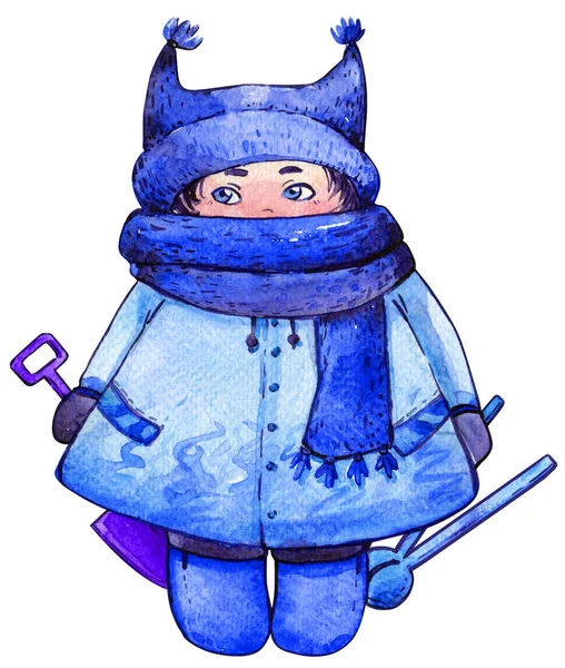 冬季儿童热情帽子围巾水彩画蓝色 — 图库照片