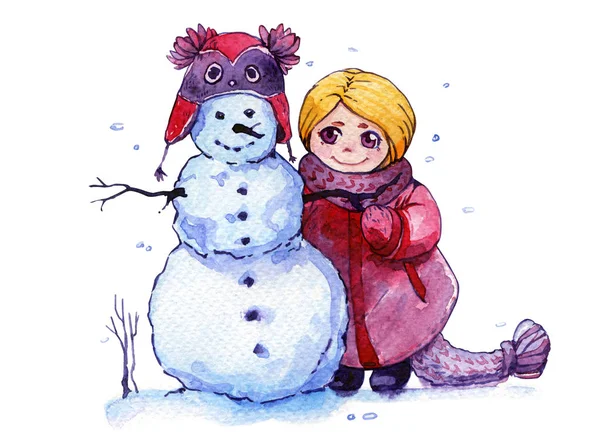 Schneemann Mädchen Winter Weihnachten Aquarellkarte Hut — Stockfoto