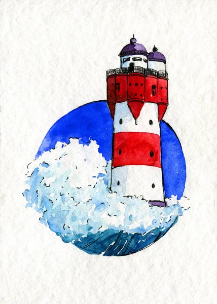 Lighthouse Vlna Kruh Pohlednice Akvarel Textury Papíru — Stock fotografie