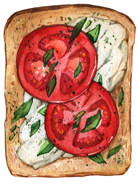 Comida Saludable Sandwich Tomate Queso Pan Acuarela —  Fotos de Stock