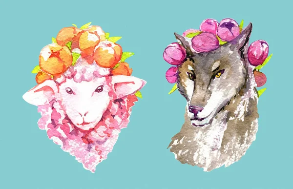 Sheep wolf wreath spring flowers watercolor isolated