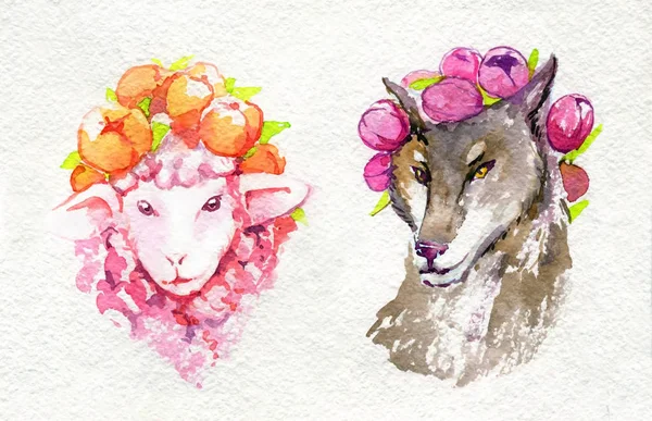 Sheep Wolf Wreath Spring Flowers Watercolor Paper — Stock Photo, Image