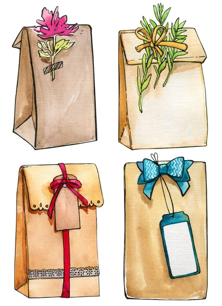 包装礼品节日袋牛皮纸水彩画套装 — 图库照片