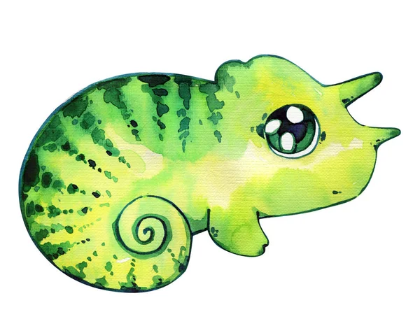 Chameleon Roztomilé Dítě Plaz Kawaii Akvarel Samostatný — Stock fotografie