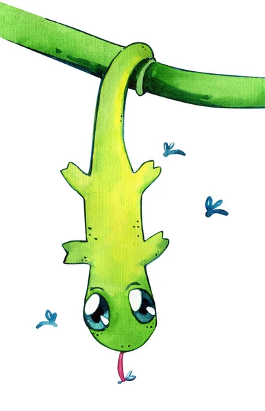 Chameleon kawaii roztomilý vzhůru dolů akvarel, samostatný — Stock fotografie