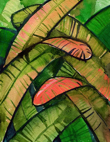 Selva pôr do sol folhas palmeira bananas aquarela fundo — Fotografia de Stock