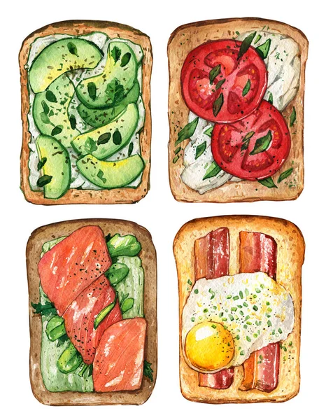 Sandwich diet breakfast bacon tomate abacate spices fish set wat — Fotografia de Stock