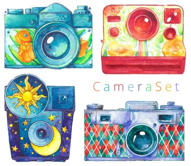 Kamera fotoğraf çiçek deseni suluboya izole ayarla