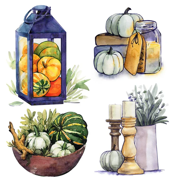 Pumpkins still life autumn watercolor set isolated — Stock Photo, Image