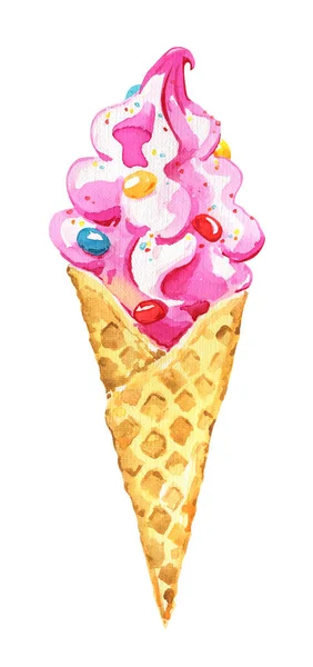 Icecream cone syrup tasty summer watercolor isolated — Stock Photo, Image