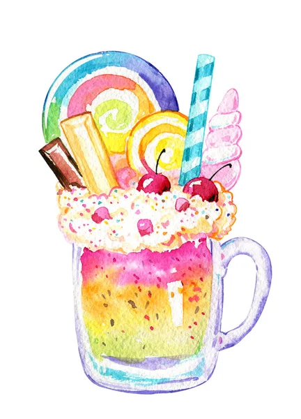 Batido arco iris helado piruletas chocolate taza acuarela i — Foto de Stock