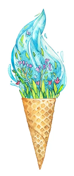 Icecream Spring flowers leaves wind cone watercolor isolated — Stock Photo, Image