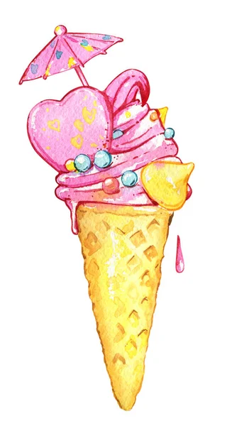 Waffle cone ice cream melts biscuit dragee umbrella watercolor i — Stock Photo, Image