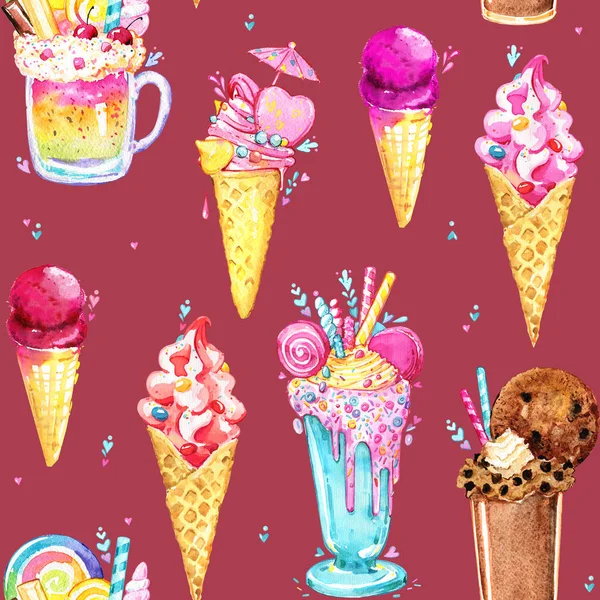 Ice cream cocktail pattern tasty pink watercolor seamless — Stock Photo, Image