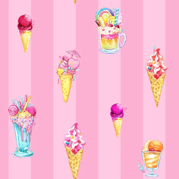 アイスクリーム カクテル パターン ピンク ストリップ水彩シームレス — ストック写真