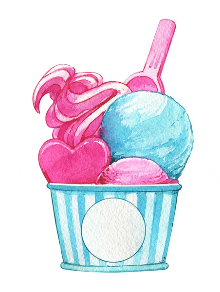 Ice cream in a paper cup ball spoon label watercolor isolated — Stock Photo, Image