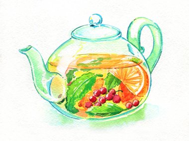 Çaydanlık cam meyve çayı sıcak suluboya izole