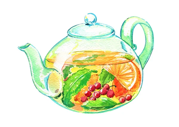 Teáskanna pohár gyümölcs tea forró akvarell izolált — Stock Fotó