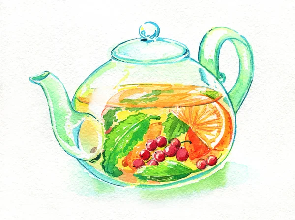 Çaydanlık cam meyve çayı sıcak suluboya izole