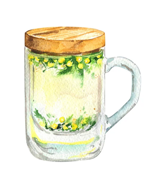 Té taza vidrio manzanilla flor dieta acuarela aislado — Foto de Stock