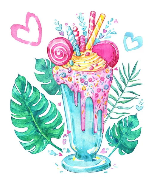 Milkshake tropen Leaves Ice Cream ansichtkaart zomer aquarel is — Stockfoto