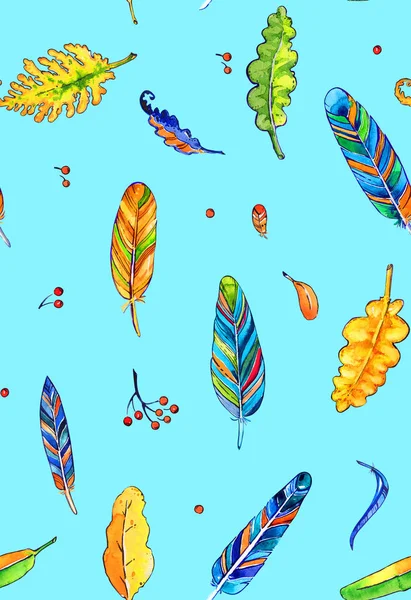 Feathers leaves berries pattern seamless watercolor blue backgro