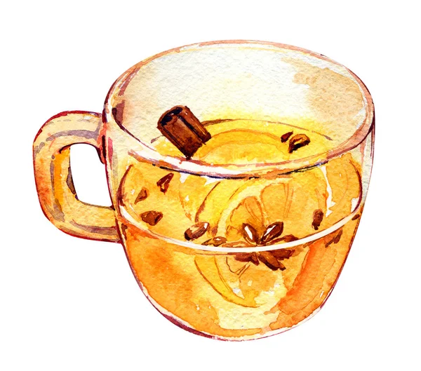 Thé miel tasse verre citron cannelle aquarelle isolé — Photo