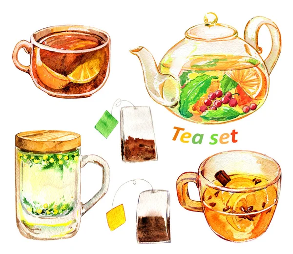 Çay bardağı çaydanlık turuncu izole suluboya yaprakları