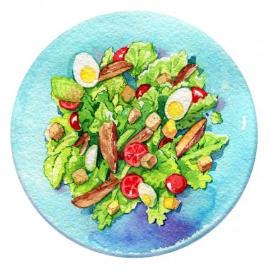 salata Sezar plaka tavuk yumurta domates suluboya izole