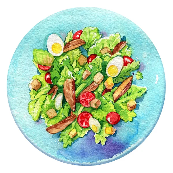 Salat Caesar Teller Hühnereier Tomaten Aquarell isoliert — Stockfoto