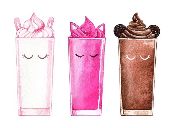 Milkshake kawaii animal cara crema vidrio niños acuarela iso — Foto de Stock