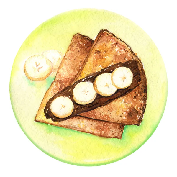 Crêpes Chocolat Bananes Assiette dessert doux aquarelle isolat — Photo