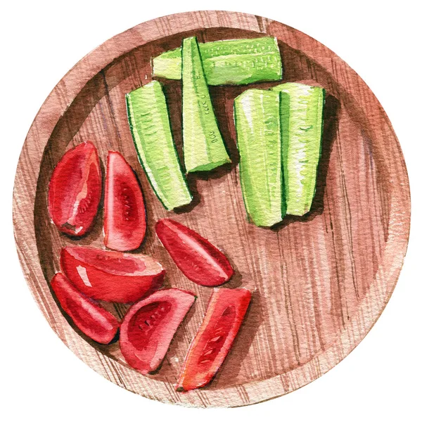 Assiette de légumes morceaux de concombre de tomate en bois aquarelle isolat — Photo