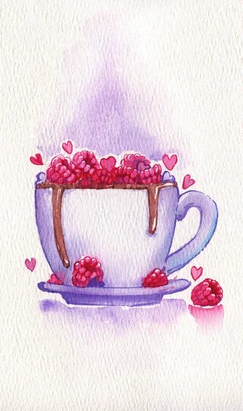 Cocoa framboise tasse aquarelle doux coeur amour texture — Photo