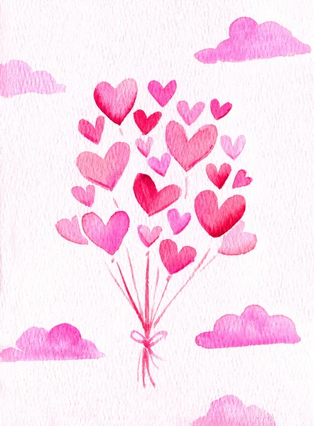 Hearts léggömb üdvözlőlap felhők rózsaszín repül ég akvarell — Stock Fotó