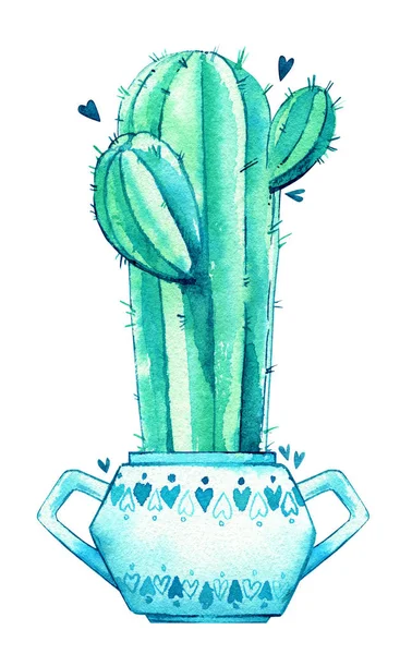 Cactus cerámica olla acuarela aislado corazón espinas azul — Foto de Stock
