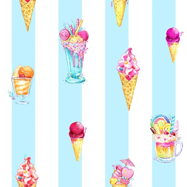 Ice cream cocktail milk pattern tasty blue watercolor seamless — Stock Photo, Image