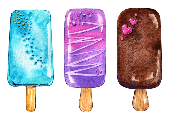 Helado dulce esquimal verano paleta conjunto acuarela — Foto de Stock